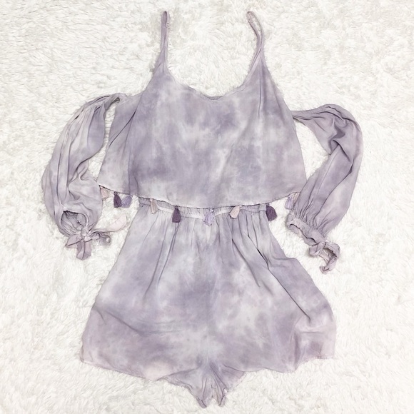 AE Purple Cold Shoulder Tie Dye Tassel Romper Sz S - Picture 2 of 11